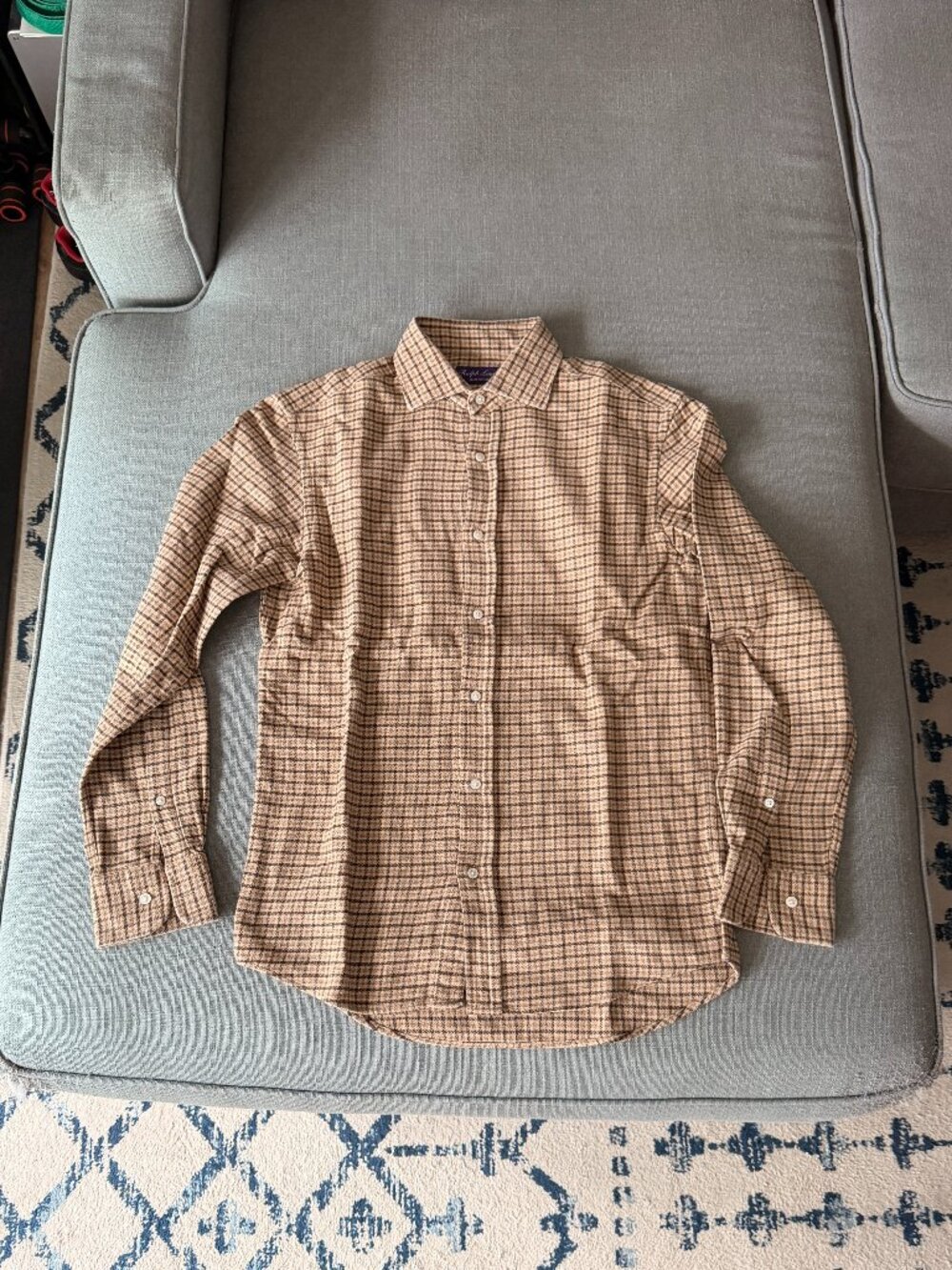 Ralph Lauren Purple Label Tan and Brown Gun check / Plaid Button-Down Shirt